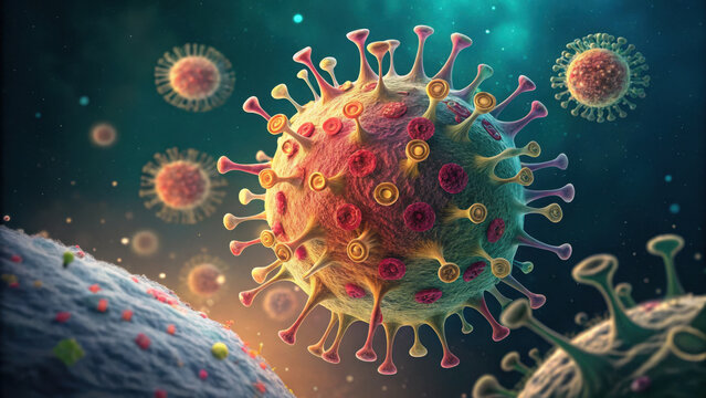 Colorful virus microscopic pathogen viral particle 3D rendering medical science microbiology infection disease cell surface immune response pandemic healthcare biotechnology laboratory research