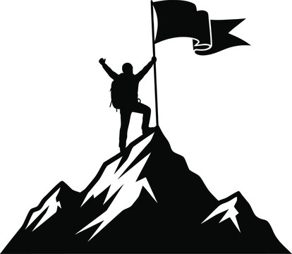 Silhouette climber on mountain peak planting flag celebrating victory achievement vector