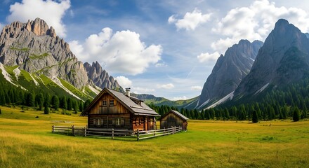 Alpine wooden cabin in green meadow with dramatic mountain peaks