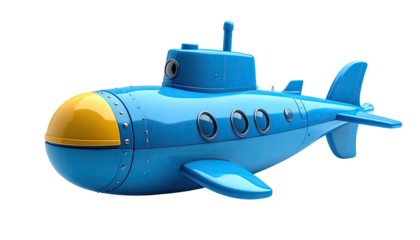 A cartoon blue submarine with a yellow dome, isolated on a black background