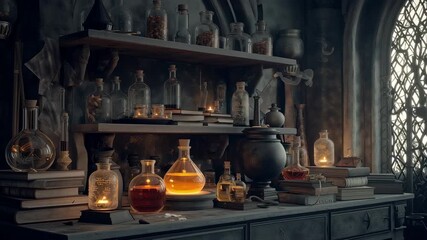 Old glass bottles, glowing potions, books, and dusty tools fill a dim alchemist table, creating a mysterious vintage scene with warm candlelight and dark fantasy mood.