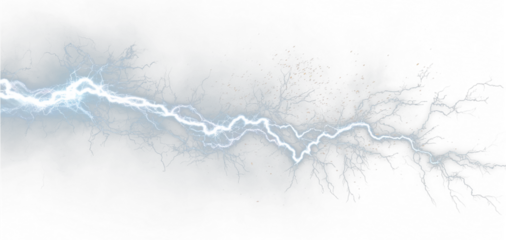 Blue lightning electric storm PNG. Bright white lightning streaks across a stormy night sky. Perfect for dramatic weather overlays on any dark scene.