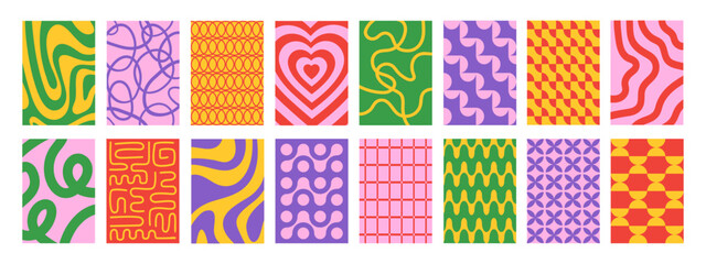 Obraz premium Abstract set vertical backgrounds with colorful waves and shapes. Trendy vector illustration in style retro 60s, 70s.