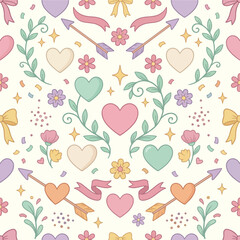 Whimsical Cute Pastel Valentine Heart Seamless Pattern Vector Illustration