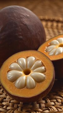 Bacupari fruit whole and halved, yellow-orange rind, segmented white flesh, rustic surface, close-up.