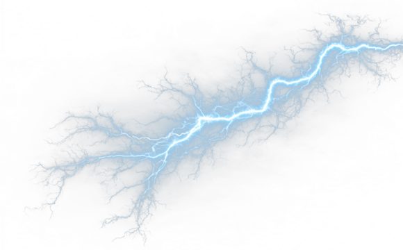Blue lightning electric storm PNG. Bright white lightning streaks across a stormy night sky. Perfect for dramatic weather overlays on any dark scene.
