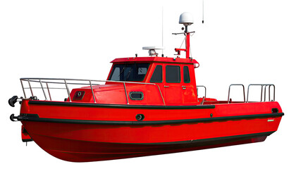 Bright red boat with radar, navigation, and safety equipment. Isolated on black