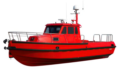 Bright red boat with radar, navigation, and safety equipment. Isolated on black