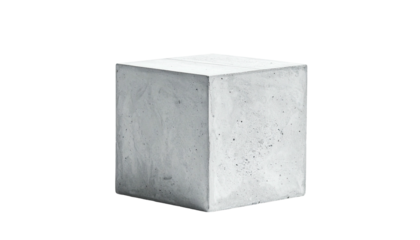 A gray concrete cube against a stark black background, with side details visible