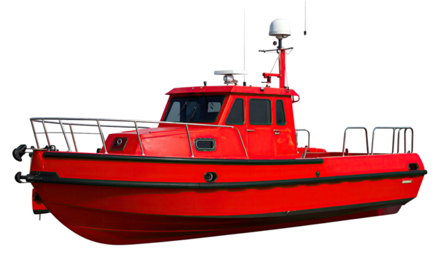 Bright red boat with radar, navigation, and safety equipment. Isolated on black