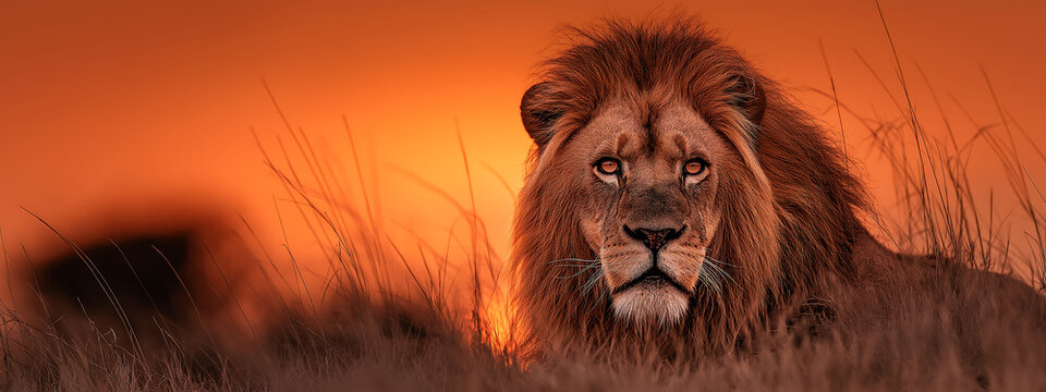 Intense lion staring at viewer against orange sunset