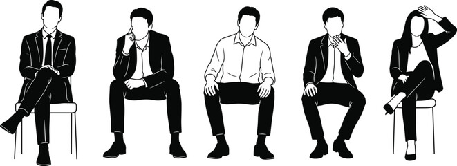 Professional business people, men and women, sitting in diverse waiting room poses, illustrating employment, interview, and recruitment concepts for corporate meeting, teamwork,
