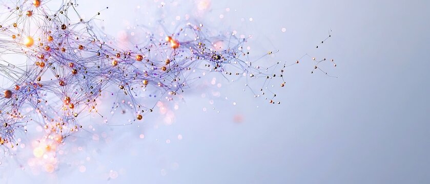An abstract, interconnected network of glowing spherical nodes and fine, delicate lines against a soft, blurred background with bokeh effects. The overall mood