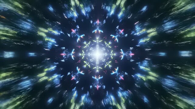 A mesmerizing starburst radiates vibrant colors against a sleek black background, capturing the essence of creative energy and limitless possibility in a stunning digital media concept.