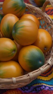 Lulo (Naranjilla) fruit basket, ripe orange-green tropical fruits, close-up, South American exotic produce.