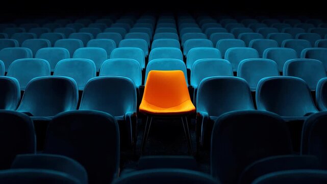 Bright orange chair stands out in a dark theater filled with blue seats during a quiet evening performance