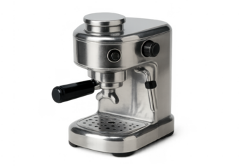 Stylish stainless steel espresso coffee machine, transparent background