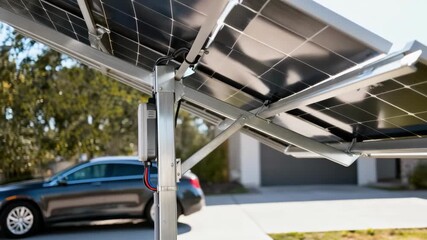 Closeup of solar panels mounted on a carport showcasing seamless connection to the propertys power network.
