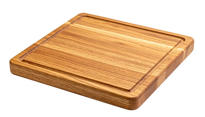 A light-brown wooden cutting board with a juice groove, angled on black