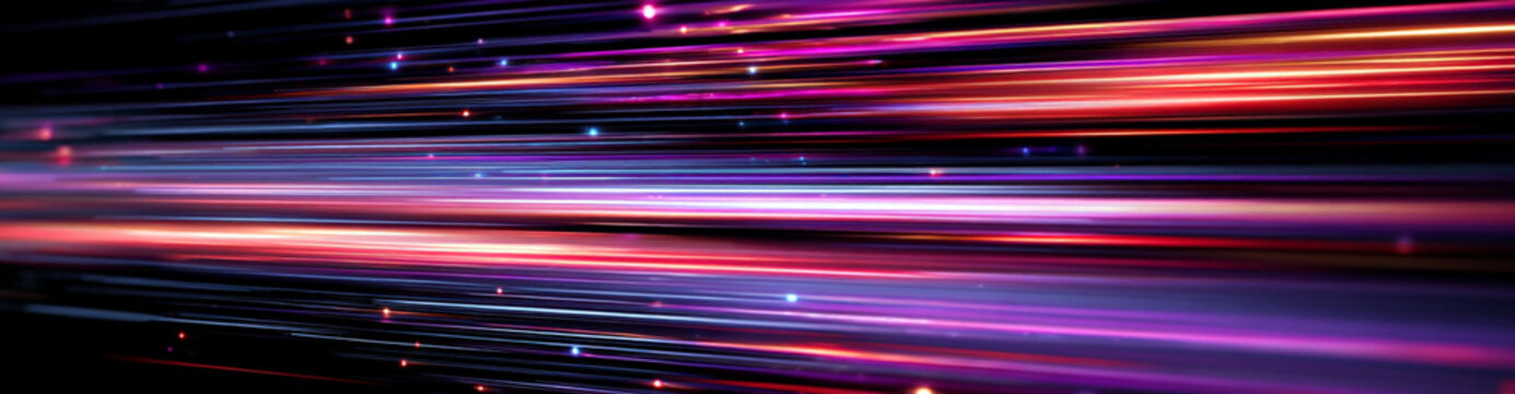 High-speed neon lines streak across dark city streets. Bright glowing trails follow precise line paths.