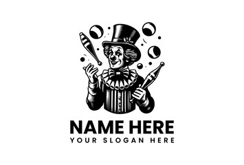 Classic circus clown mascot juggling pins and balls, a detailed black and white vector logo illustration
