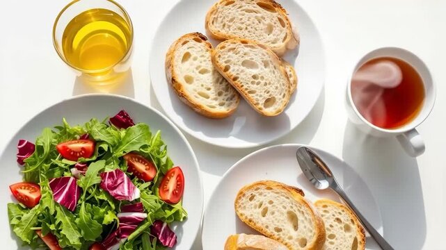 Healthy meal composition with salad bread and tea