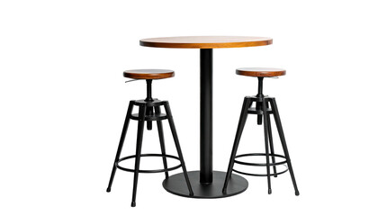 A high, round table with two adjustable stools, all with industrial design