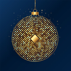 Luxury golden Christmas ball formed mosaic of shiny dots. Elegant holiday ornament hangs dark blue background with sparkles.
