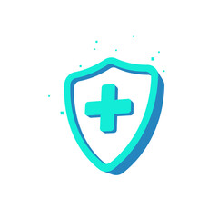Cyan 3D medical shield icon large cross symbol. Vector illustration healthcare protection standards.