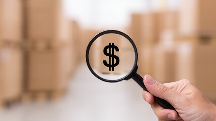 supply warehousing cost. A hand holding a magnifying glass over a dollar sign in a warehouse setting.