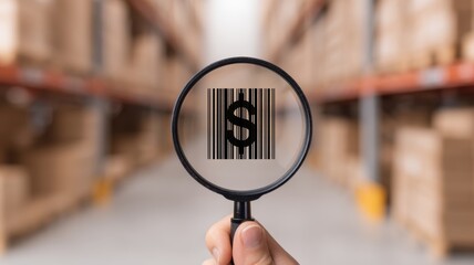supply warehousing cost. A hand holds a magnifying glass over a barcode with a dollar sign in a warehouse setting.