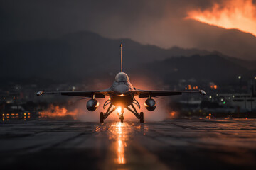 A fighter jet on the runway before takeoff at sunset with the engines trailing haze