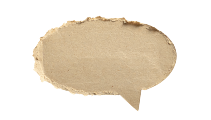 Textured brown paper speech bubble with torn edges on a black background