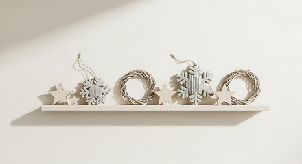 Winter holiday decorations on a white shelf, featuring snowflakes, wreaths, and stars in muted tones, creating a festive display.