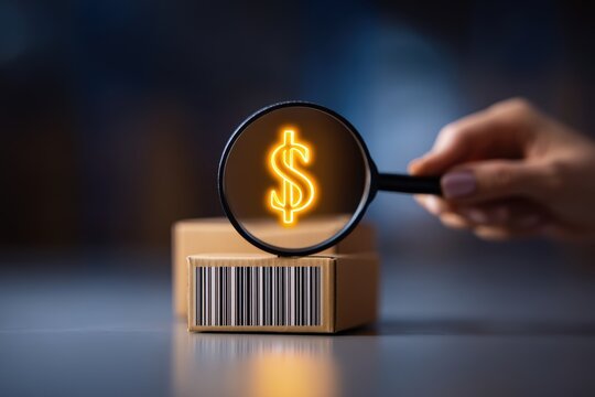 supply warehousing cost. A hand holding a magnifying glass over a box with a dollar sign and barcode.