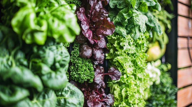 A wide shot of a vertical hydroponic tower filled with a variety of vegetables, maximizing space and efficiency
