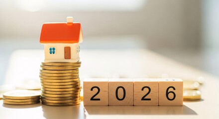 Miniature house on a stack of coins next to 2026 blocks, symbolizing future real estate investment