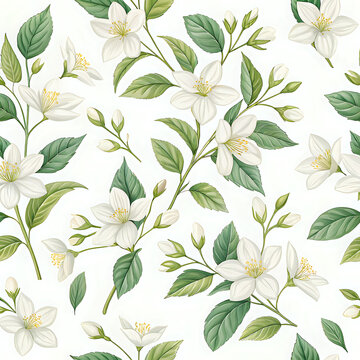 seamless floral pattern, White jasmine flower repeat pattern with soft green leaves, fresh clean seamless design