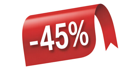 Grab attention with an amazing 45% off sale badge, a vivid red ribbon design perfect for advertising and promotions, instant savings now isolated on white background