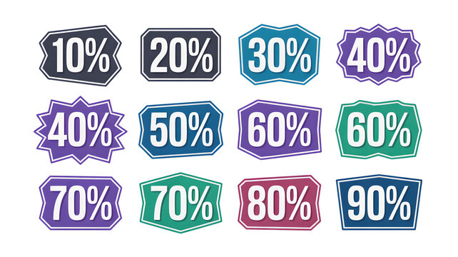 Eye catching discount percentages for sales promotions, vibrant marketing assets for boosting revenue and driving customer engagement now isolated on white background