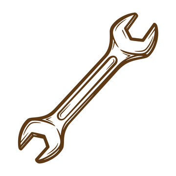 Brown hand drawn sketch vintage spanner tool illustration on a white background