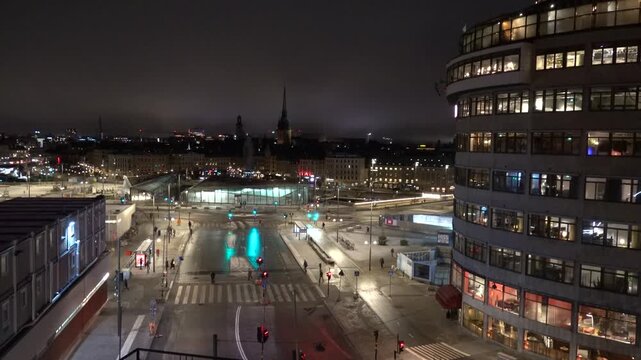 Stockholm, Sweden A night view of the Slussen district and the skyline of Gamla Stan. 