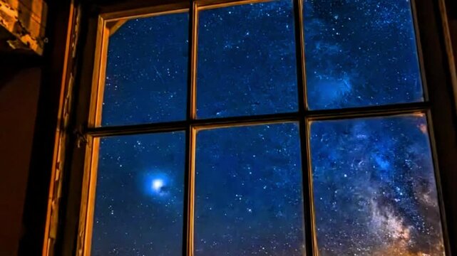 Video, recording at the attic window of a house showing stars and galaxies, for a movie, cinema, or film