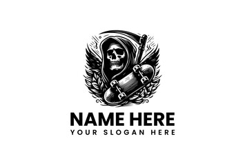 Grim Reaper with Scythe and Skateboard Vector Logo Illustration For Sale