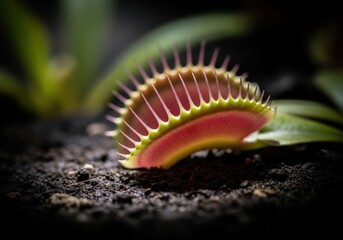 Close up of a venus flytrap with its trap open and ready to catch prey