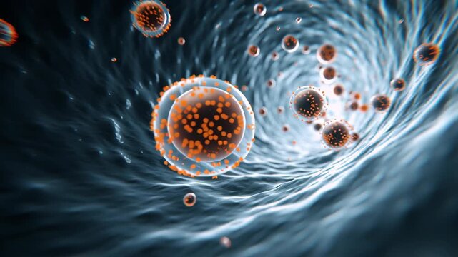 Close-up antibody particle traveling through narrow biological channel targeting specific cell subset, future medicine look, monoclonal antibody therapy