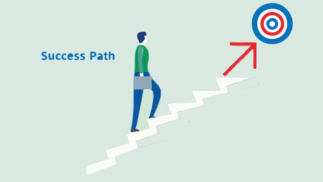 Clean flat design illustration of a stylized figure ascending a series of ascending steps symbolizing progress achievement and upward movement in a simple modern graphic