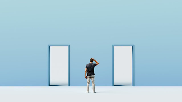 Man standing before two identical doorways, expressing uncertainty, choice, hesitation, and the challenge of picking the right path in life, 3d render
