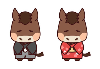 黒と赤の着物を着てお辞儀する栃栗毛の馬