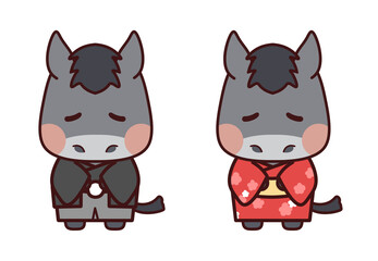 黒と赤の着物を着てお辞儀する薄墨毛の馬